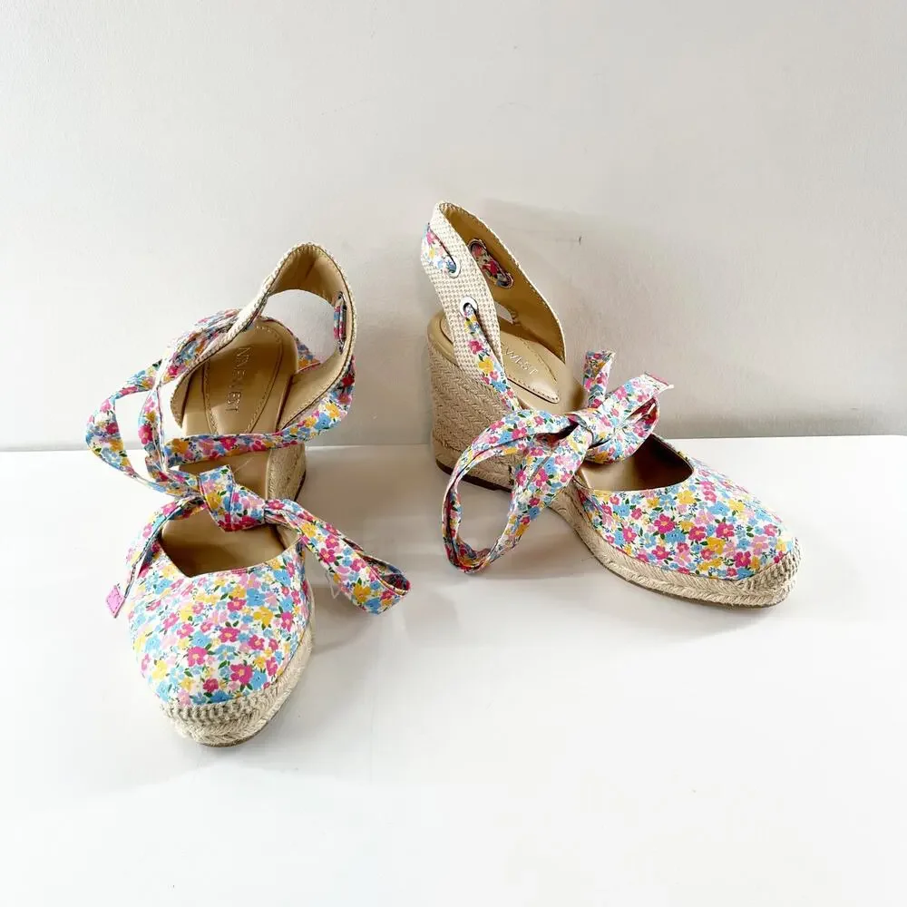Nine West Friend Ditzy Floral Ankle Wrap Espadrille Wedge Sandals Pink Blue 7